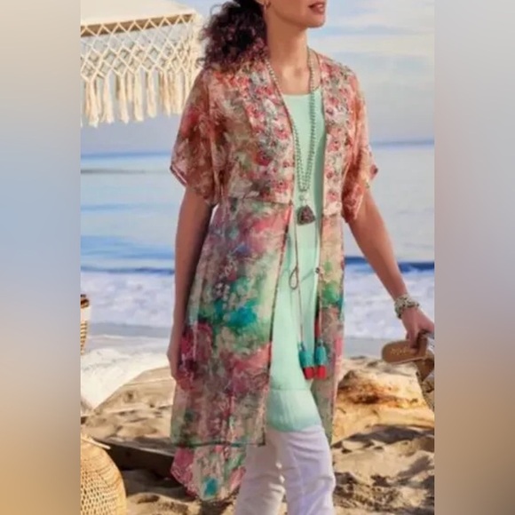 Soft Surroundings Watercolor Beaded Long Cardigan Topper Size L Colorful Beachy - Picture 1 of 13
